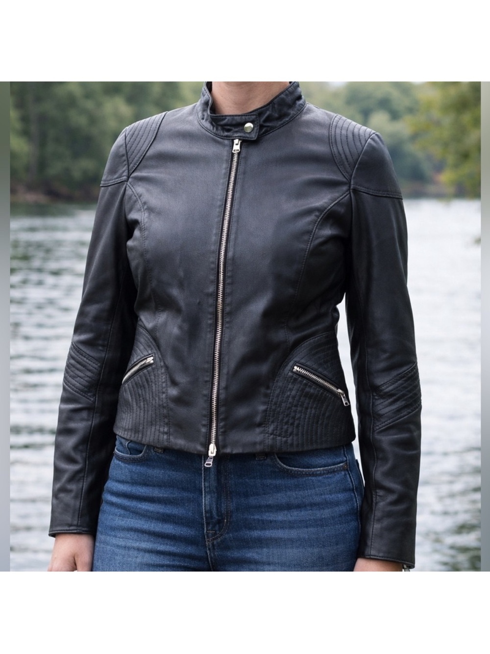 Black Women's Leather Moto Jacket - Classic Zip Front